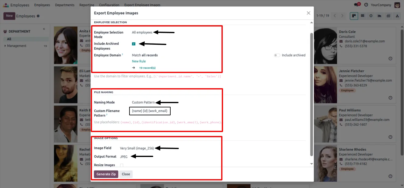Using a domain filter to export images for a department in Odoo