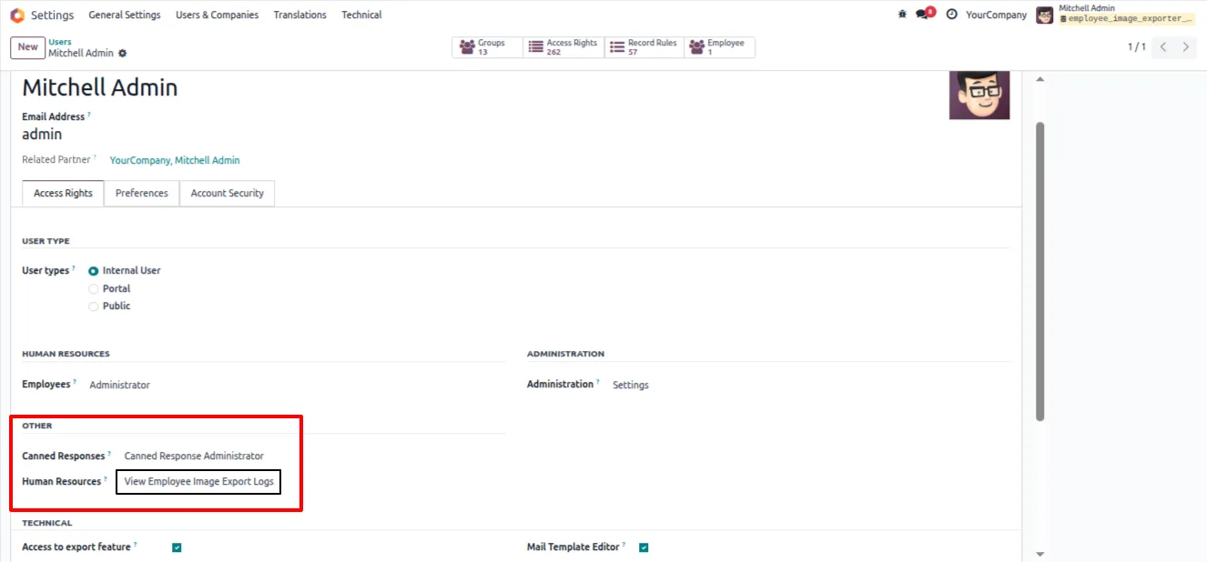 The access-controlled employee image export log in Odoo