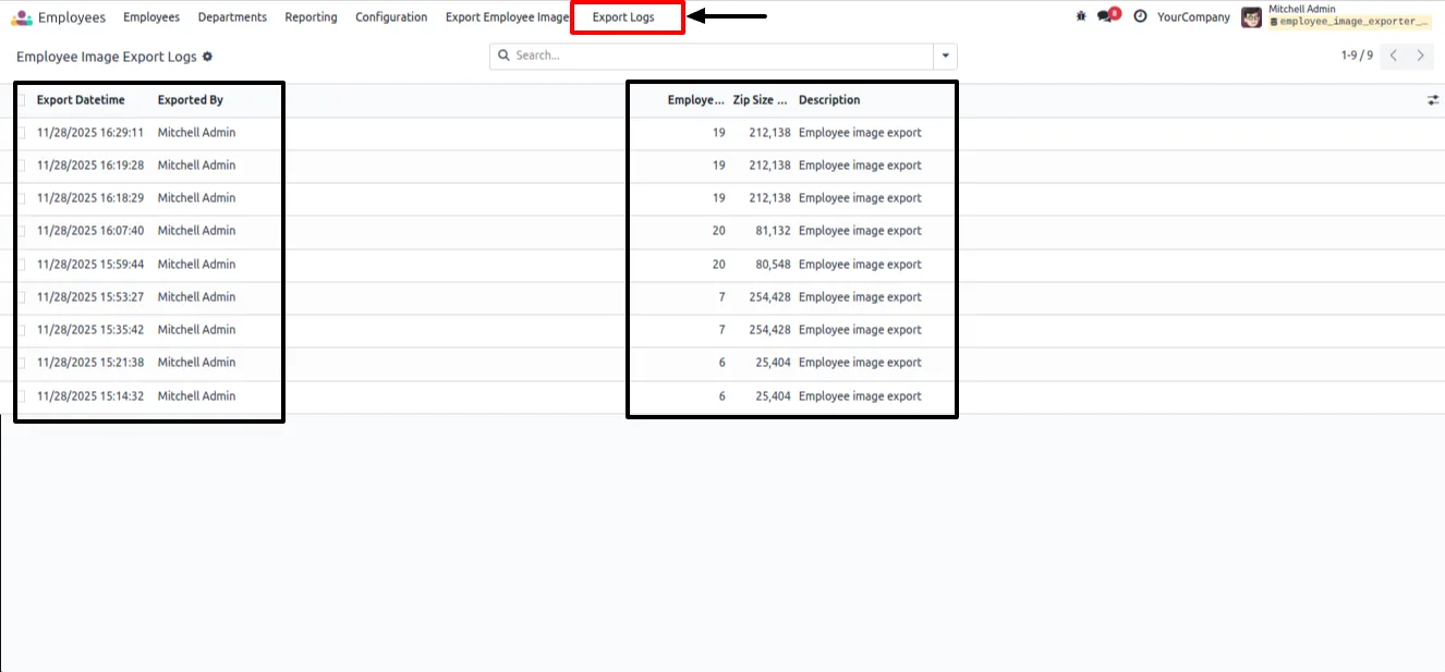 An export log entry recording who ran an employee image export