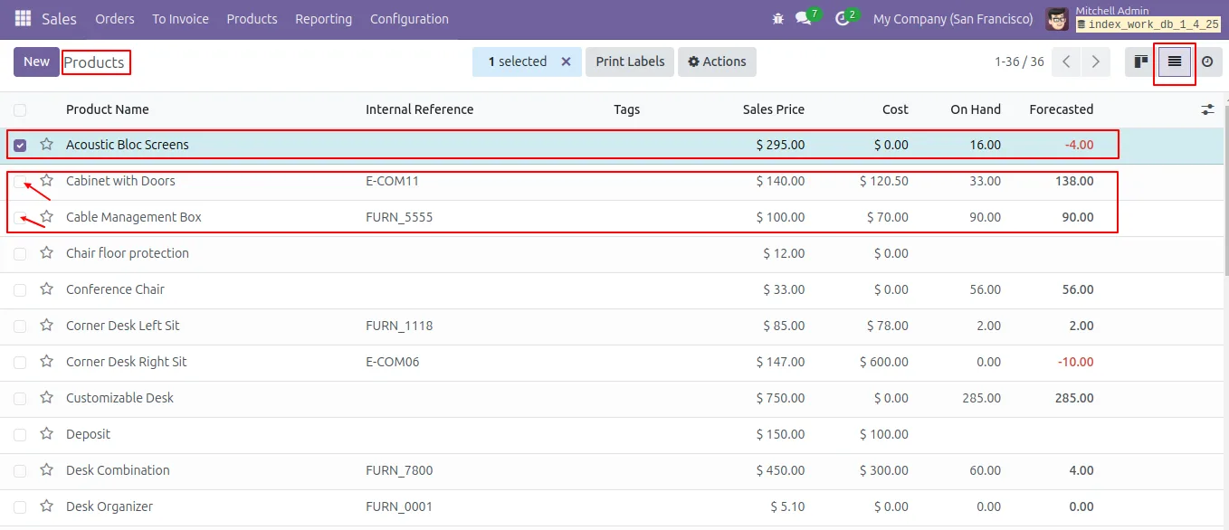 Selecting multiple Odoo products in the list view for Excel export