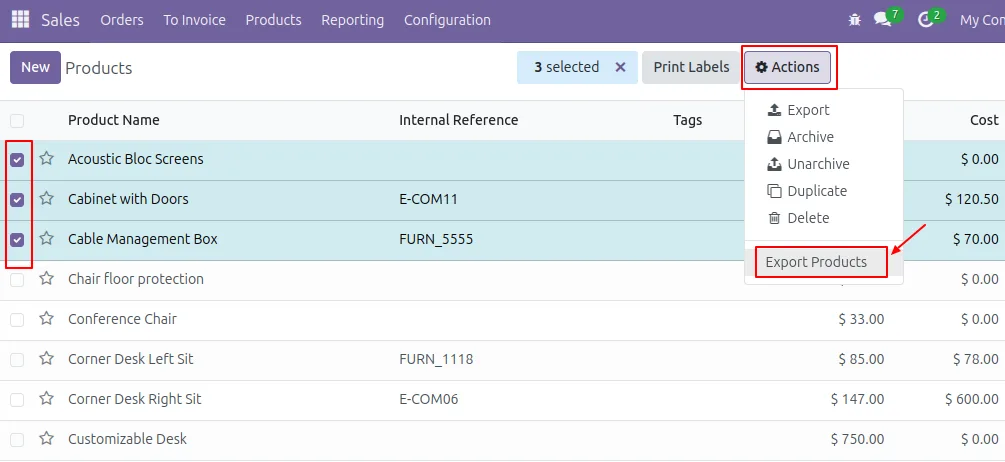 Export Products action in the Odoo product list menu