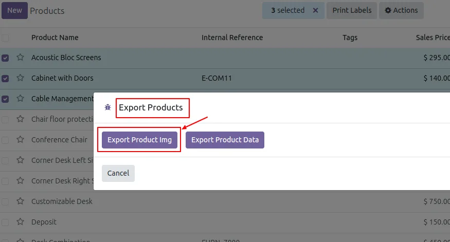 Export wizard with options for product images and product data