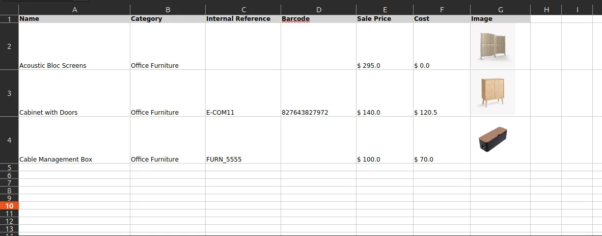 Full product data export with images opened in a spreadsheet