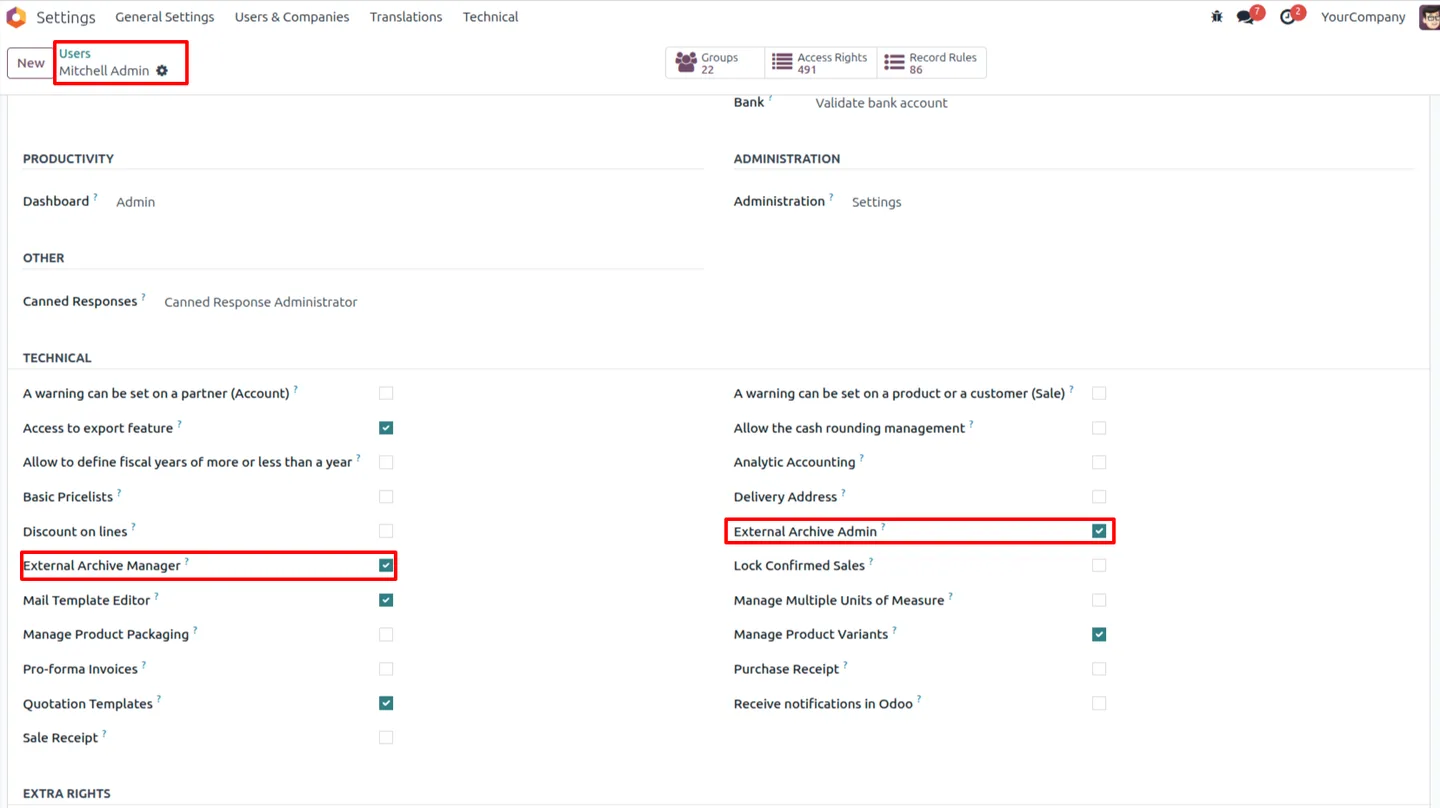 External Archive Manager access levels on an Odoo user record