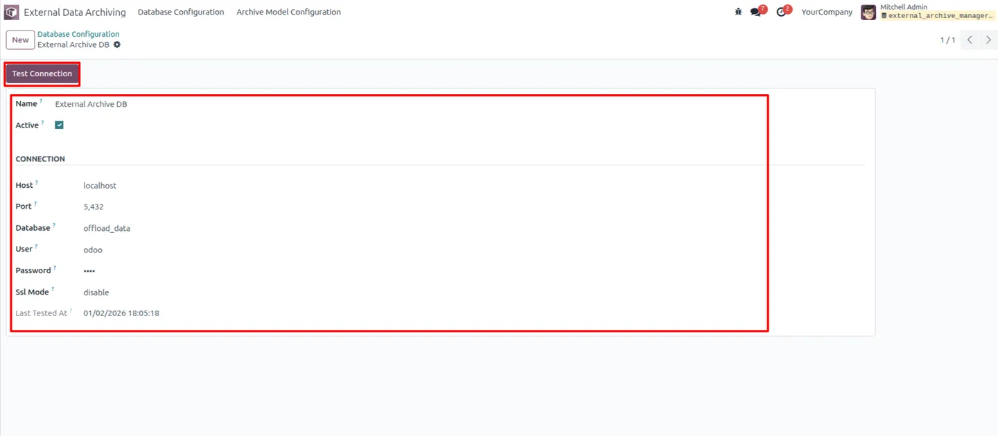 External PostgreSQL archive database connection settings in Odoo
