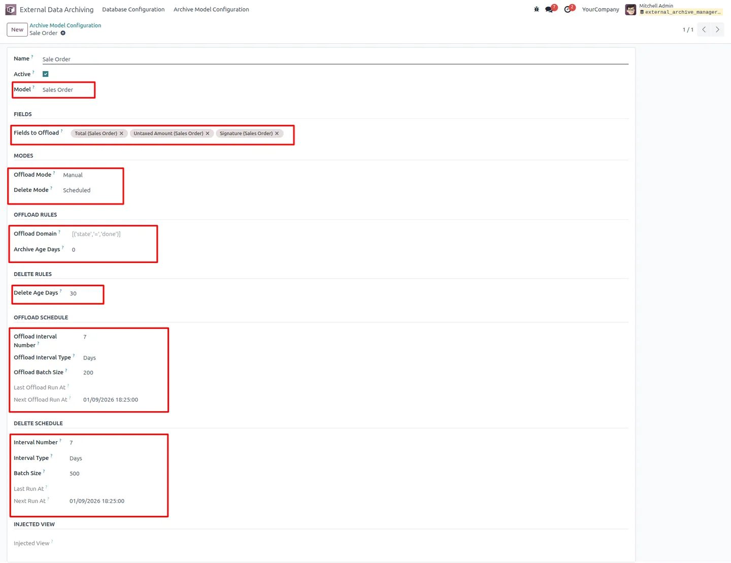 Configuring a sales order archive model with selected fields in Odoo