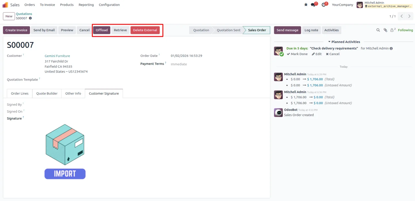 An Odoo sales order after archived data has been retrieved