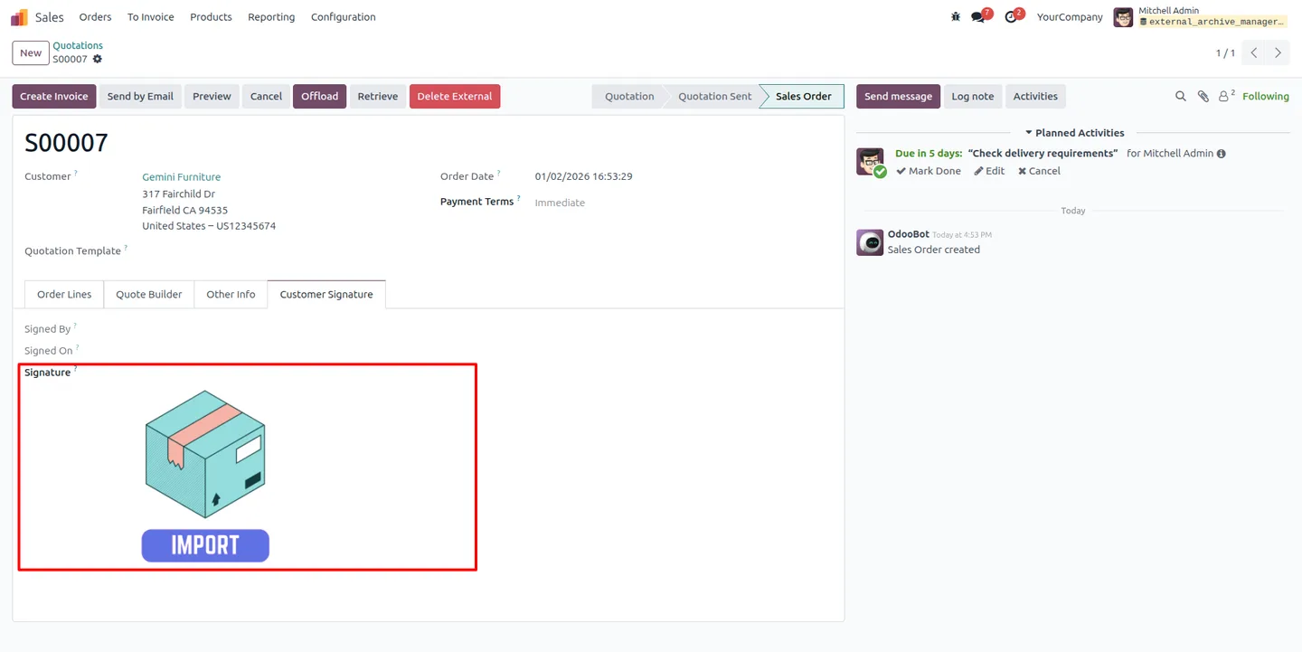 An Odoo sales order before its fields are offloaded