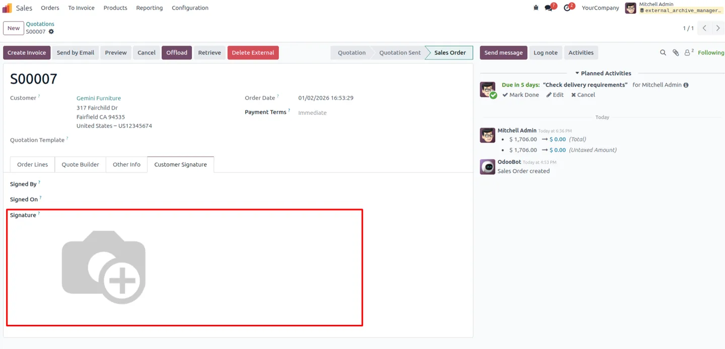 An Odoo sales order after its fields are offloaded