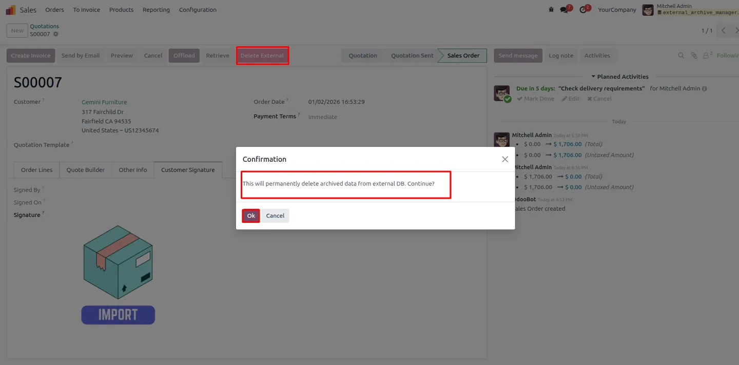Delete confirmation for offloaded data on an Odoo sales order