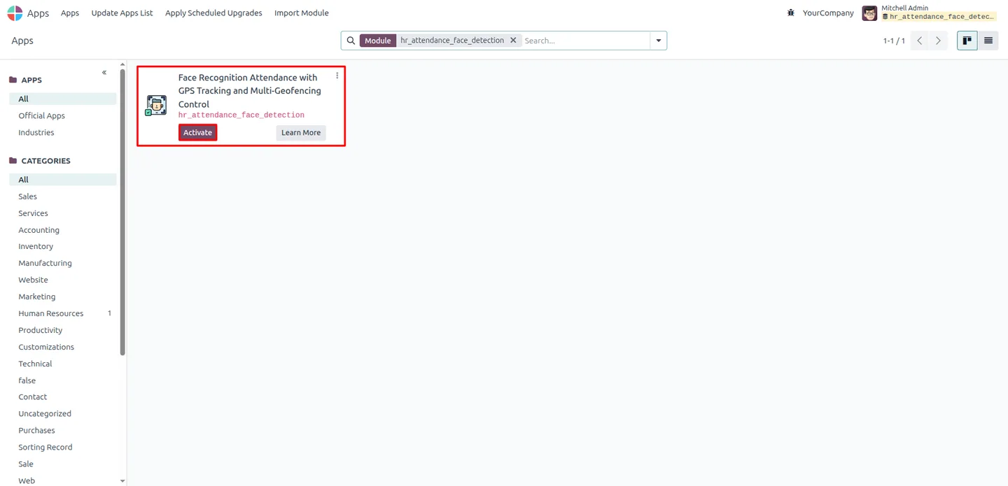 Face Recognition Attendance module in the Odoo Apps list, ready to install