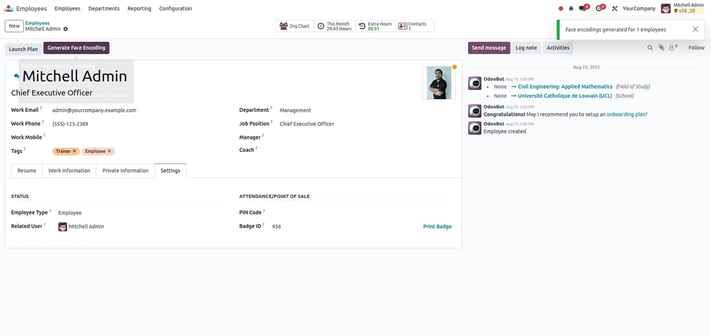 Generating a face encoding for an employee in Odoo HR