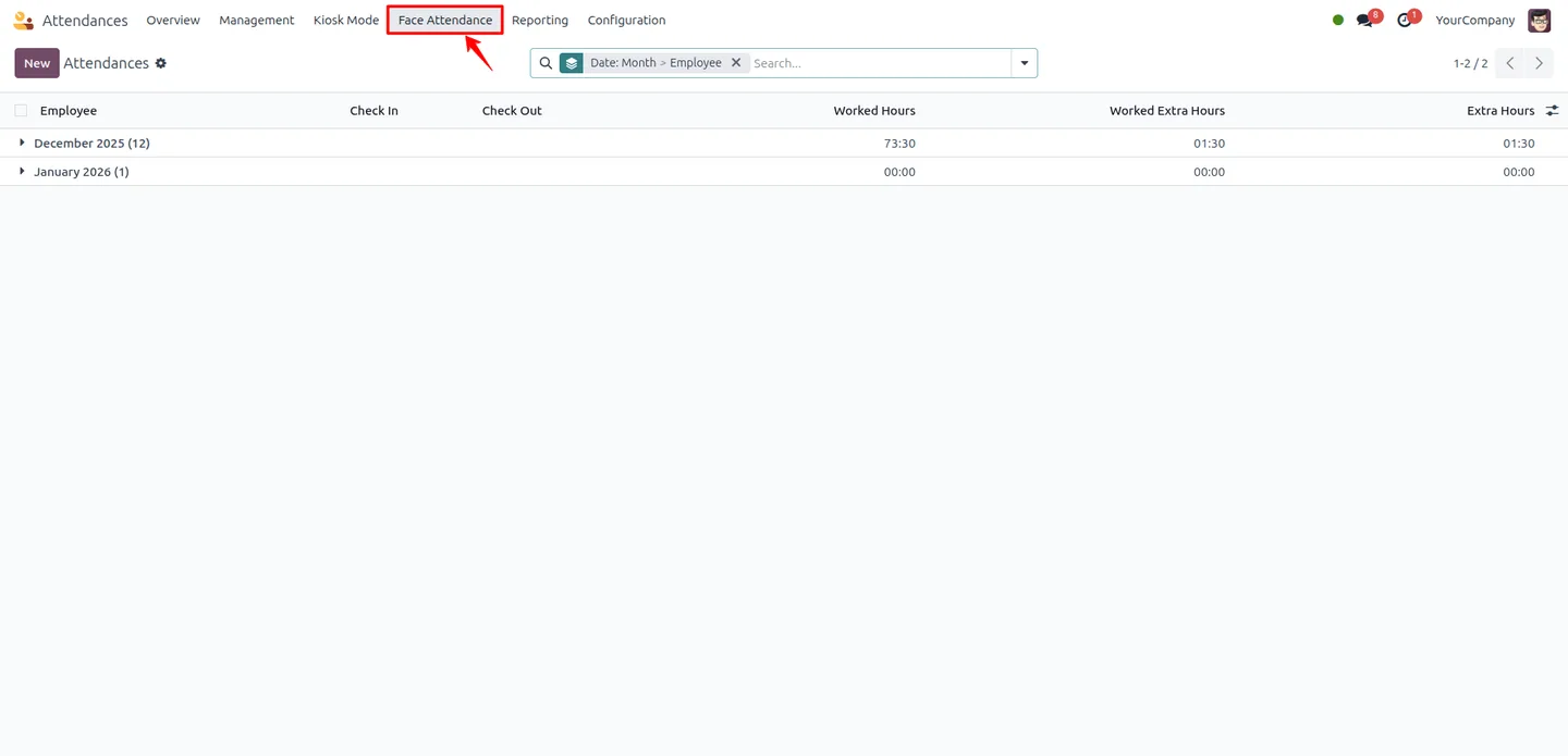 Configuring face attendance location and radius in Odoo settings