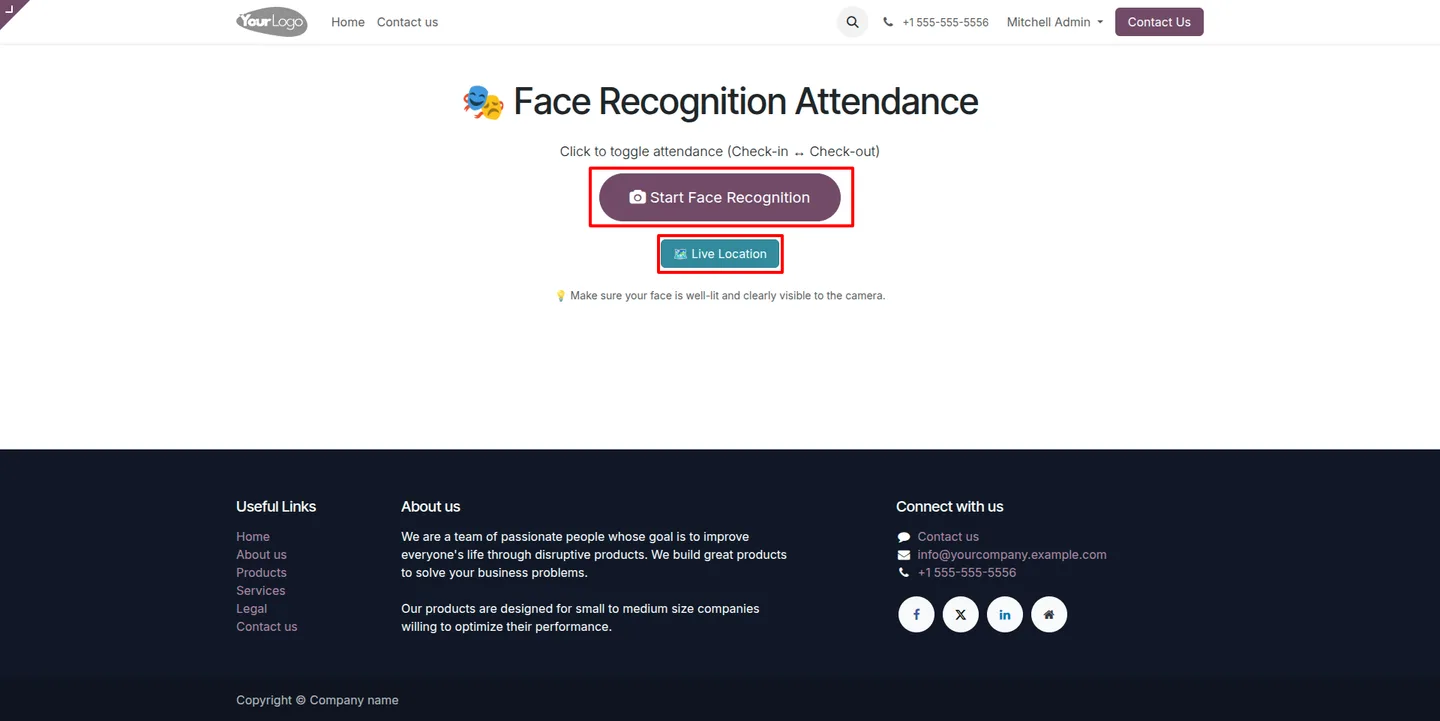 Face Recognition Attendance check-in page open in Odoo
