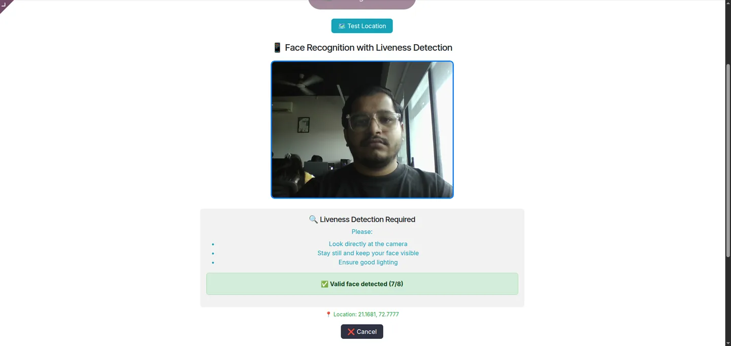 Camera view scanning an employee's face for attendance in Odoo
