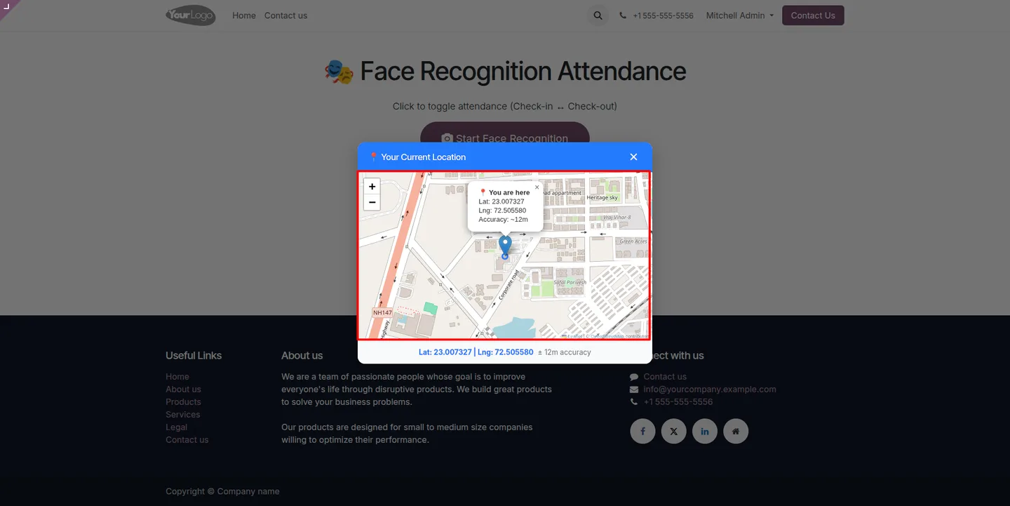 Successful face-recognition check-in confirmation with time and location