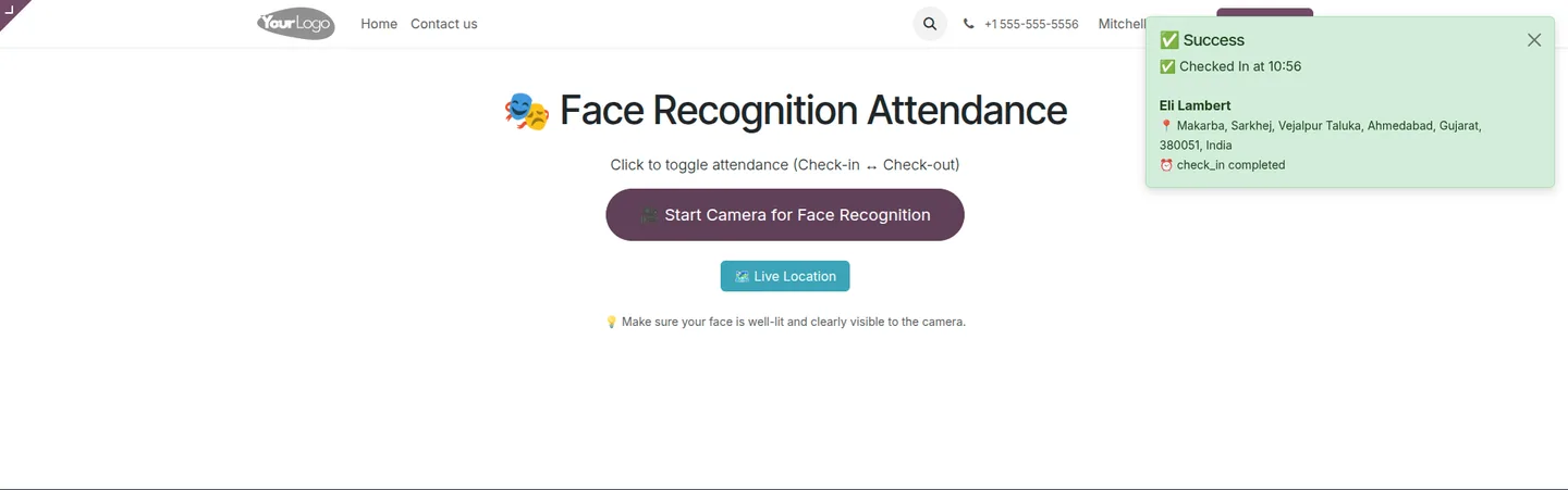Attendance record created from a face scan in the Odoo Attendances app