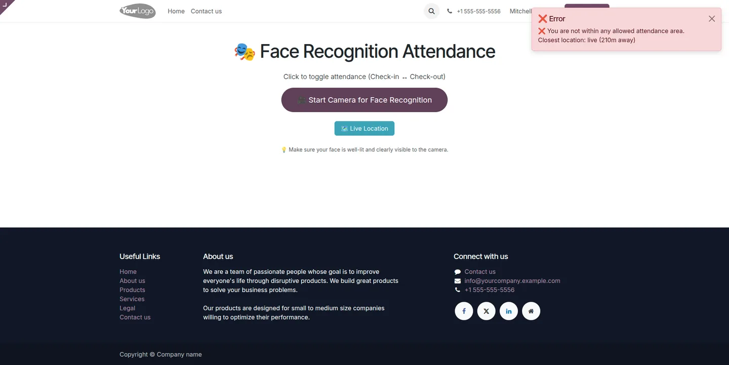 Error message shown when face recognition fails in Odoo
