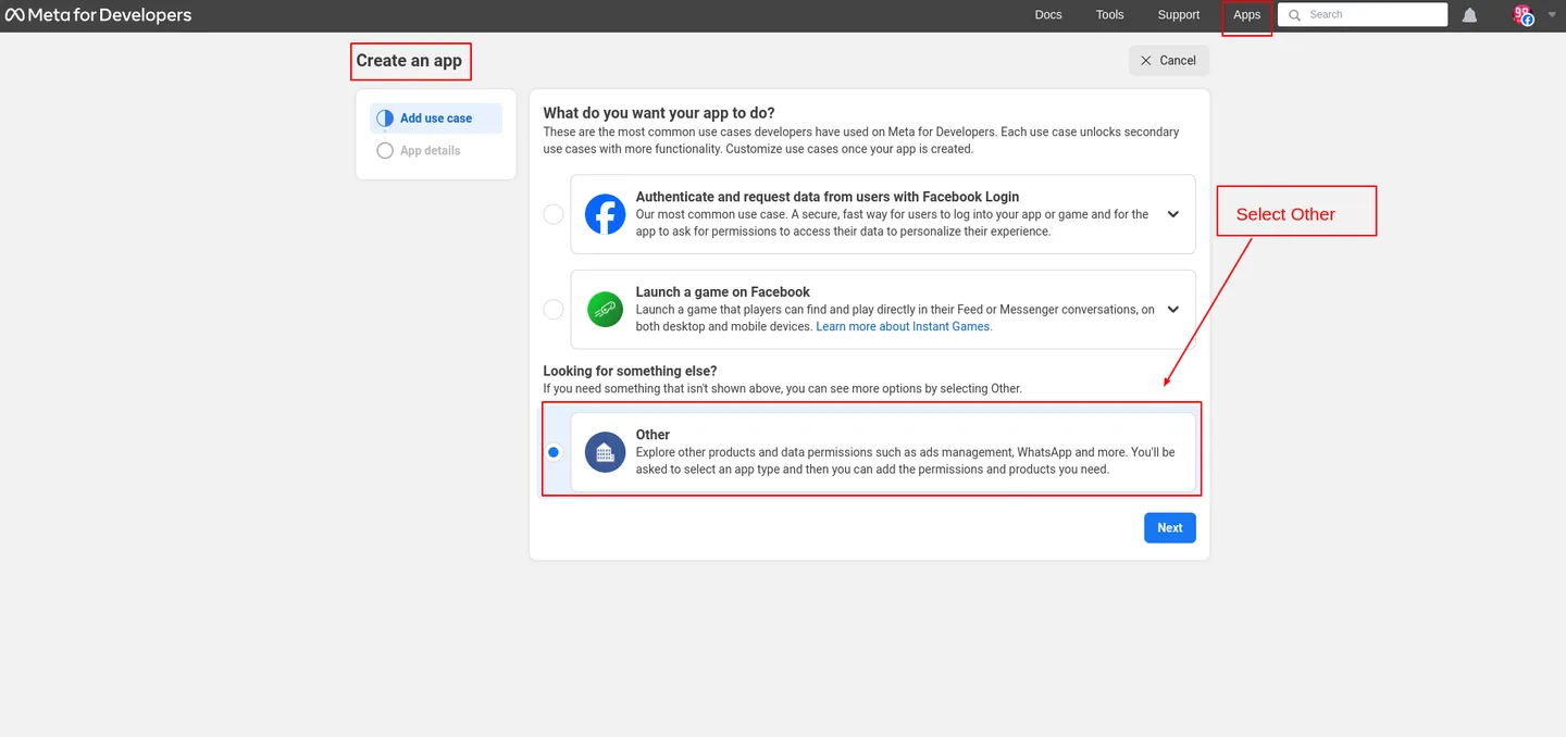 Selecting the Other category when creating a Meta app for Messenger