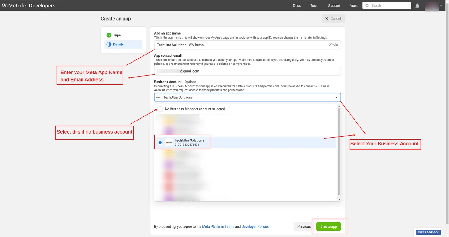 Creating the Meta Business app used by the Odoo Messenger integration