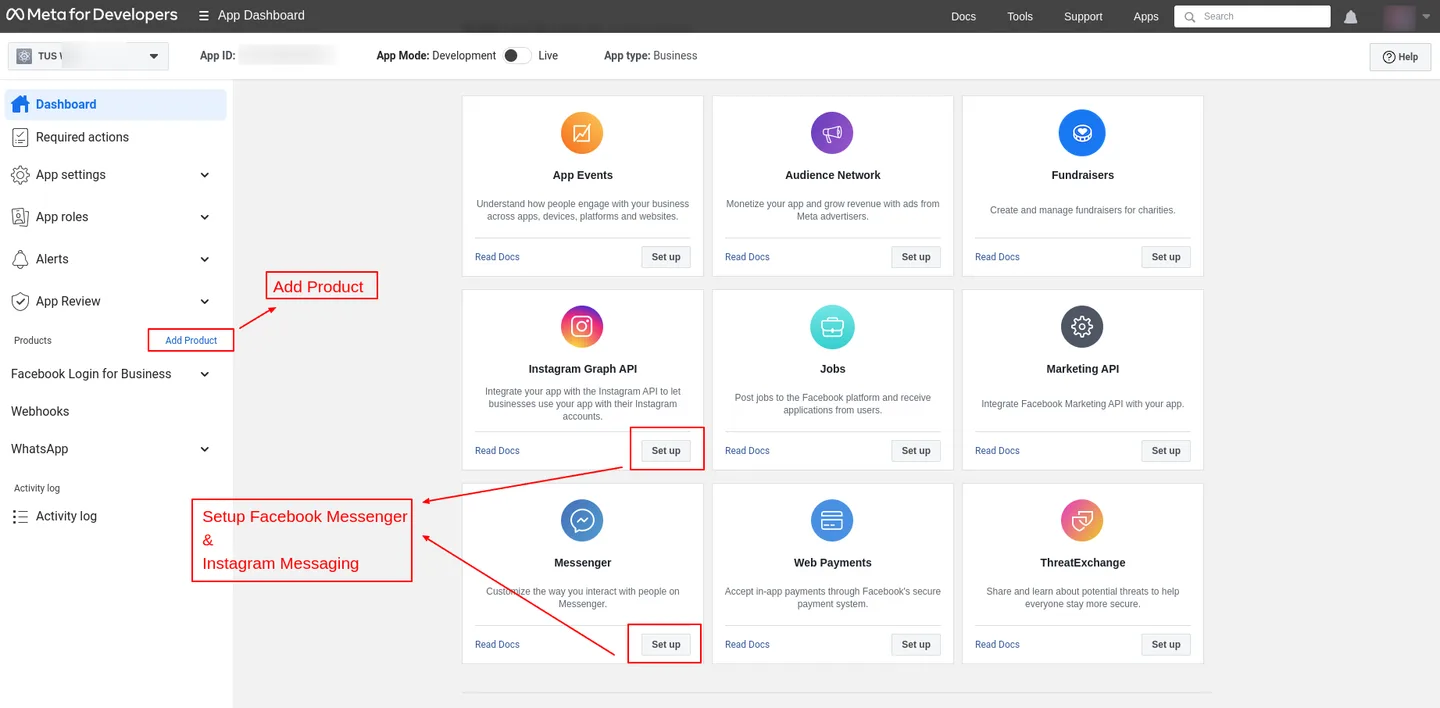 Adding the Facebook and Instagram products inside the Meta app dashboard