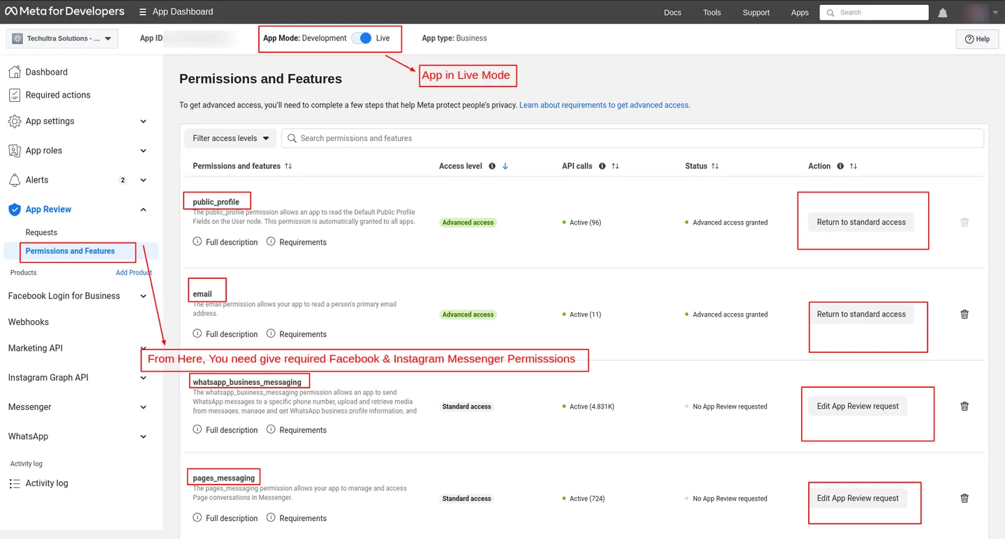 Required Messenger and Instagram permissions for the Odoo integration