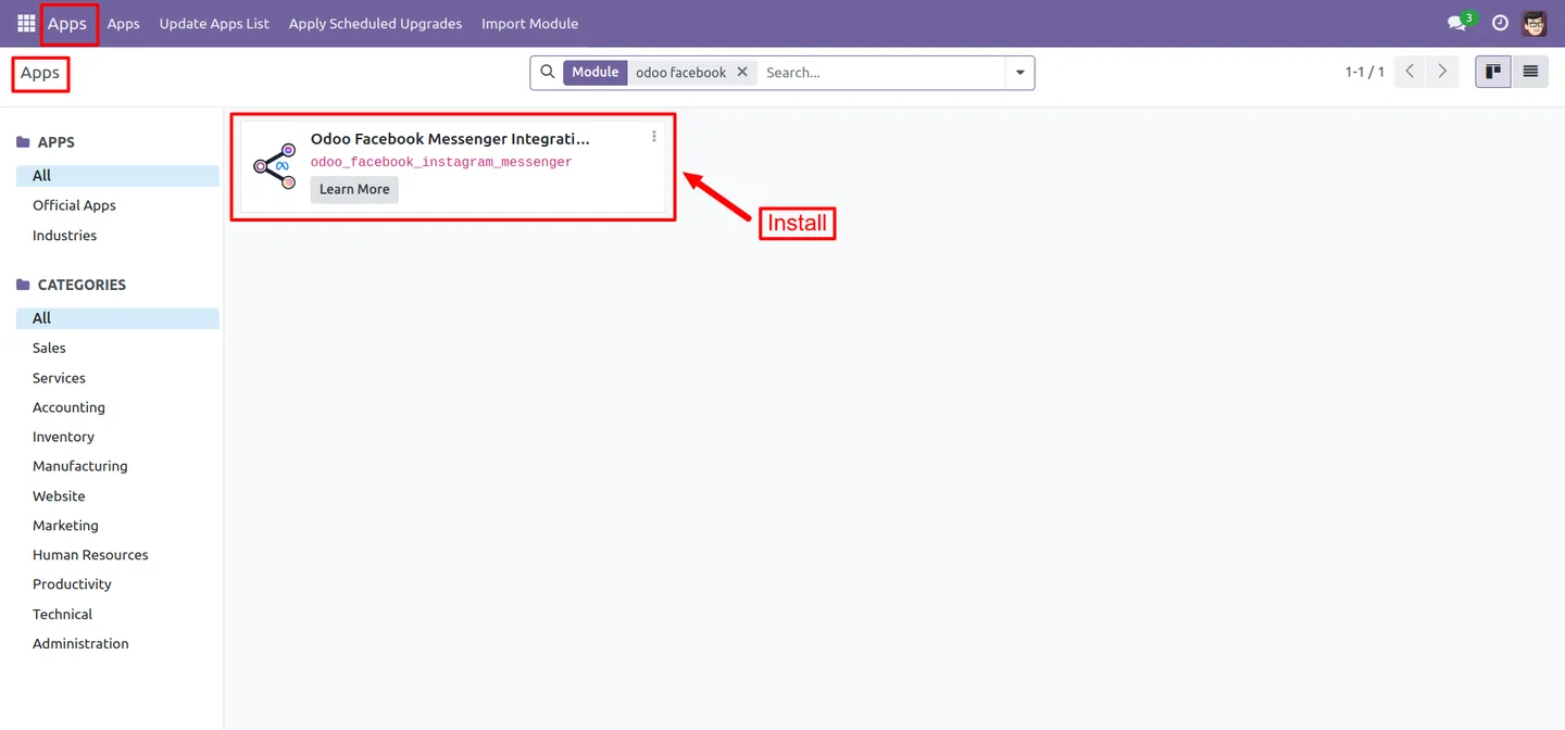 Facebook and Instagram Messenger module listed inside Odoo Apps