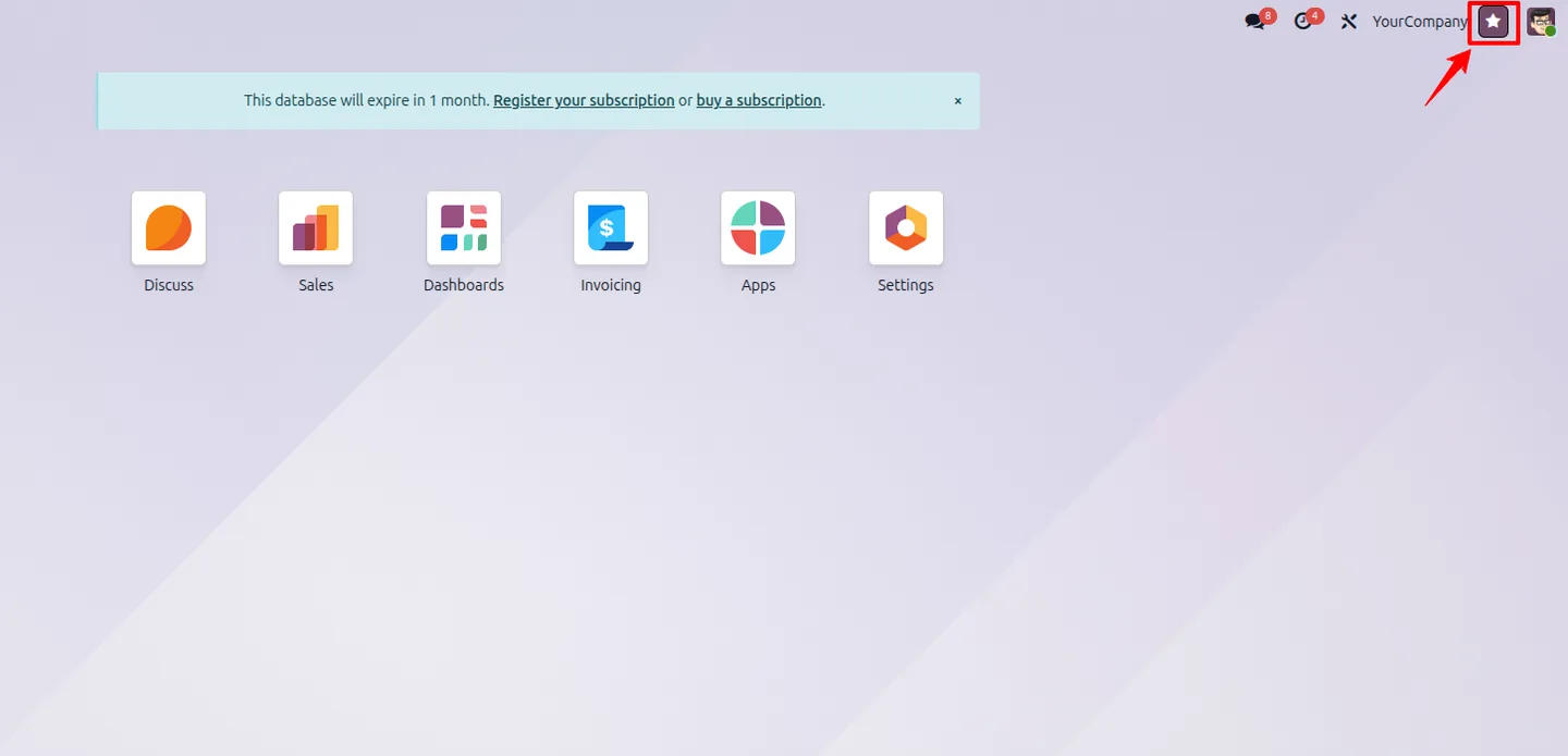 Favorite Menu Bookmark quick-access dropdown open in the Odoo top bar