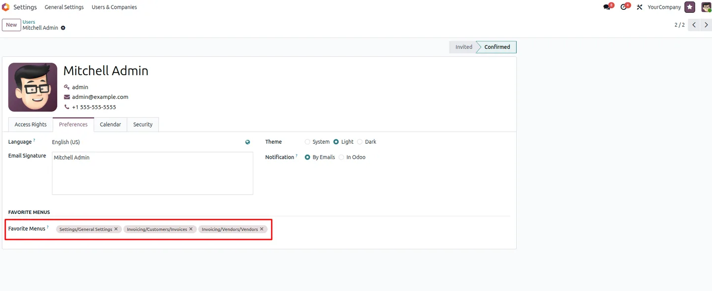 Choosing menu items to bookmark for a user in Odoo