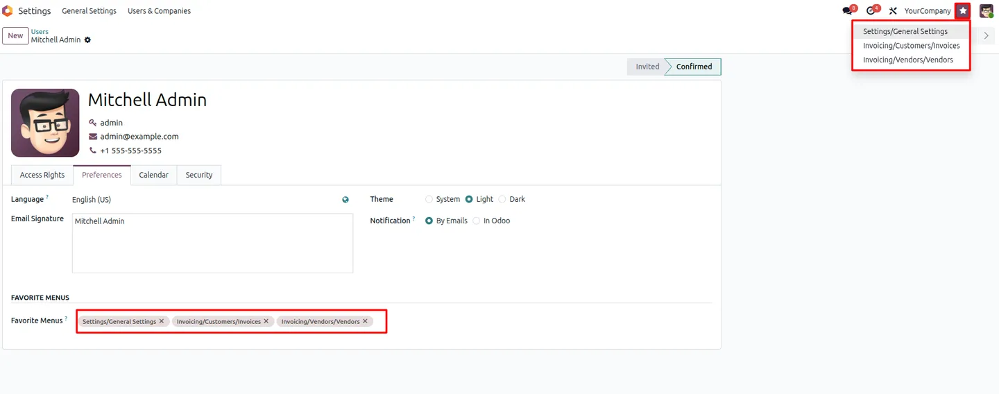 Configuring favorite menu bookmarks for multiple Odoo users