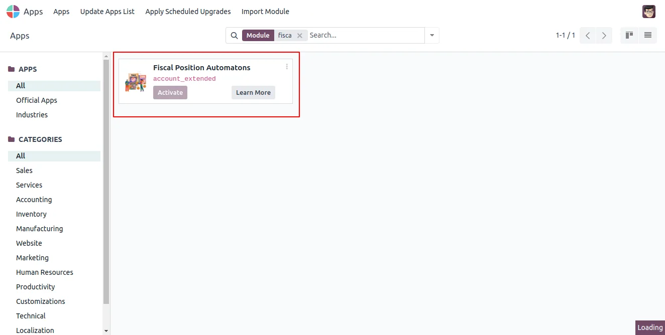 Installing the Fiscal Position Automation module from the Odoo Apps list