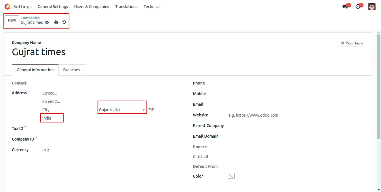 Creating a new company with state and country set in Odoo 17