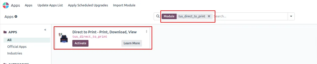 Flexible PDF Report Actions module tile in the Odoo Apps list