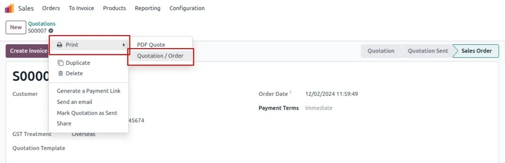 Modal in Odoo asking whether to print, download, or open a PDF report in a new tab