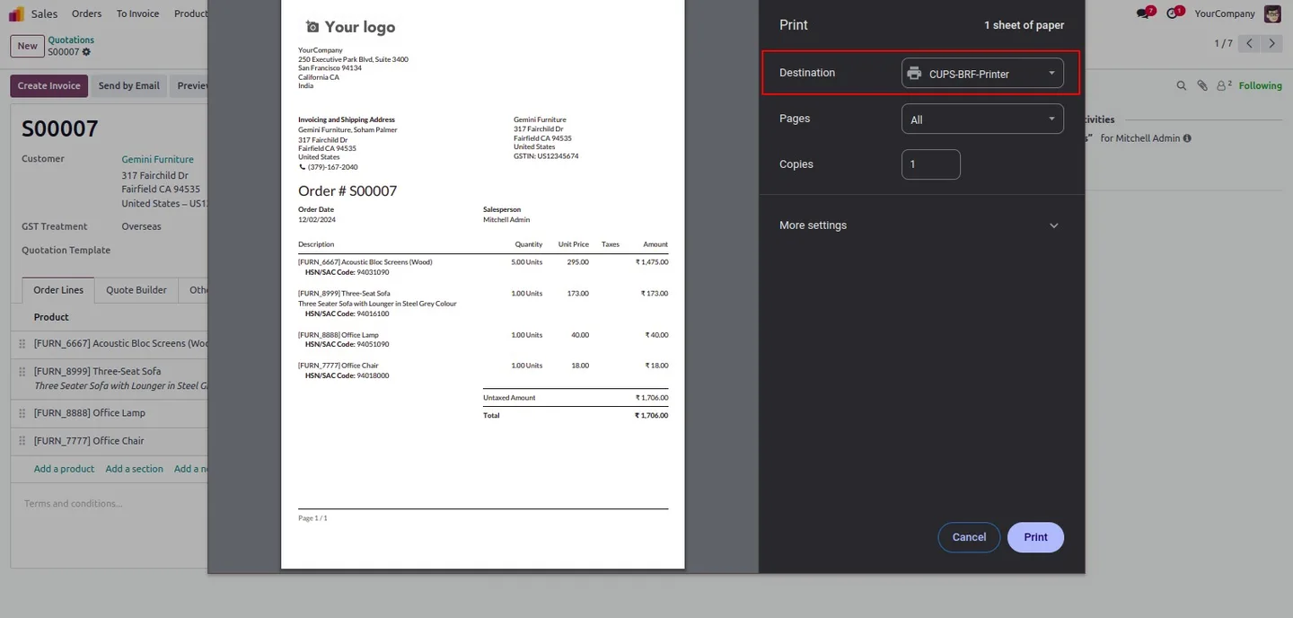 Browser print dialog opened directly from an Odoo PDF report