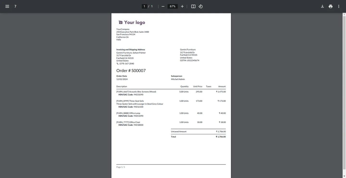 Odoo PDF report opened in a new browser tab from the report action menu