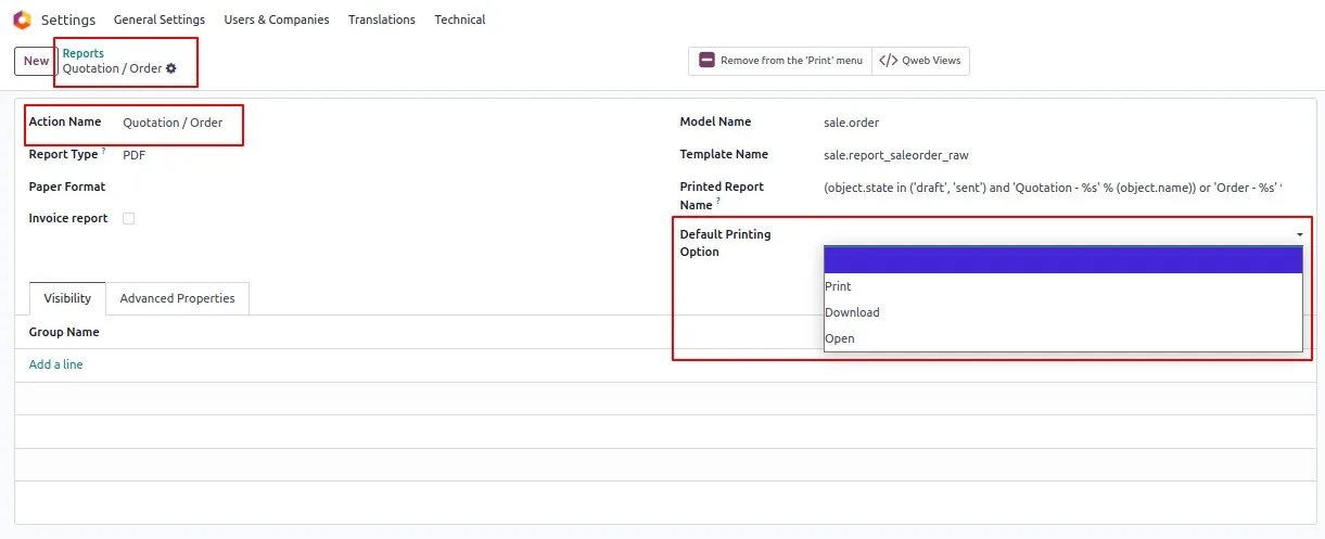 Configuring the default print behaviour per report inside Odoo settings