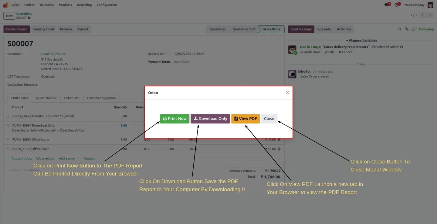 Printing an Odoo PDF report straight to a connected printer through the browser
