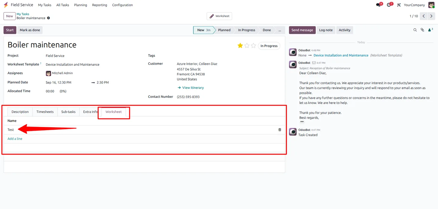 Multiple worksheets attached to a single Odoo Field Service task