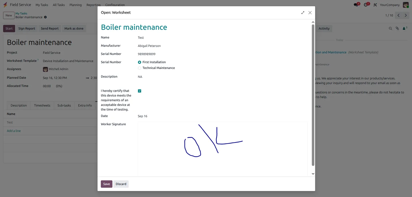 Field service worksheet with signature capture inside Odoo