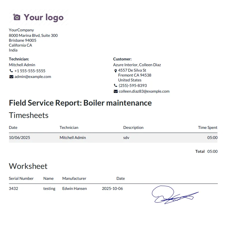 Printed Odoo field service report including every signed worksheet