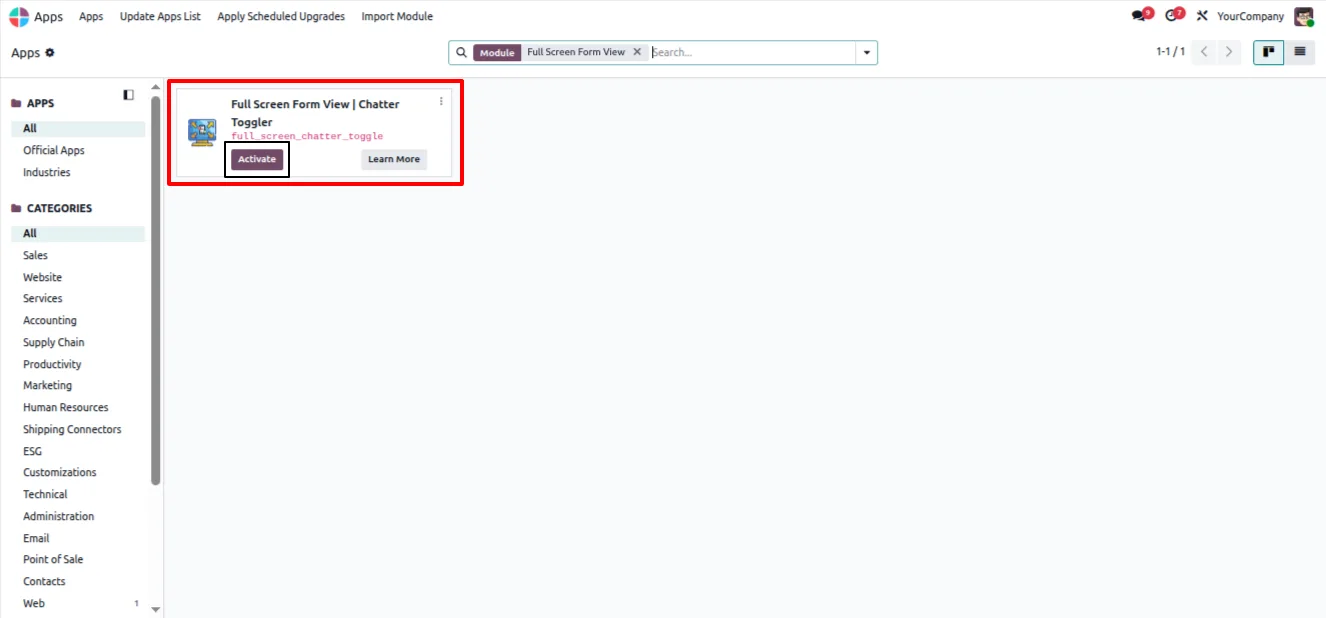 Full Screen Form View module listed in the Odoo Apps store, ready to install