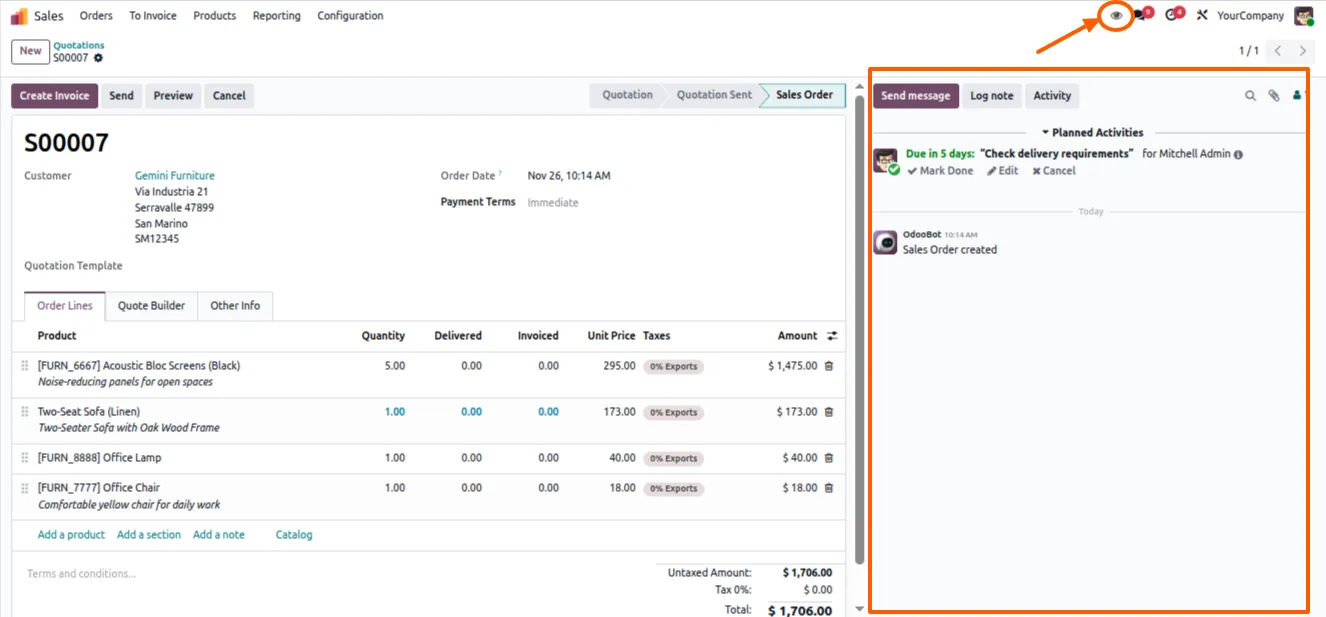 An Odoo form view with the chatter panel visible before toggling full screen