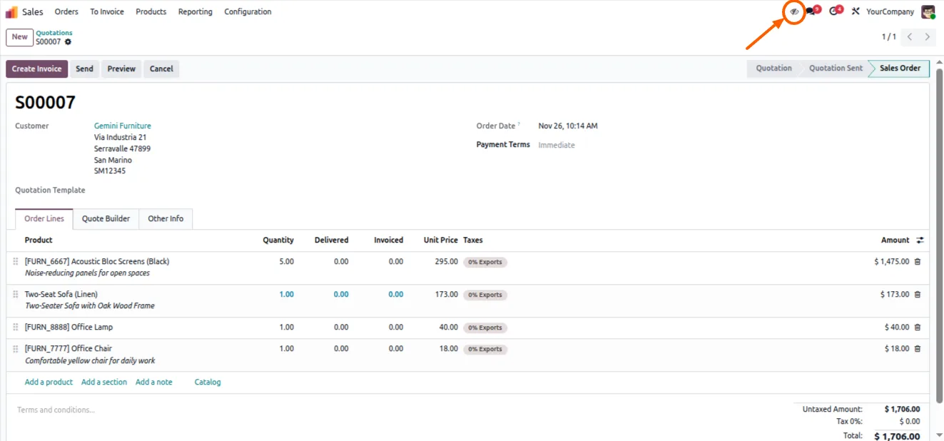 An Odoo form expanded to full screen with the chatter hidden by the eye-icon toggle