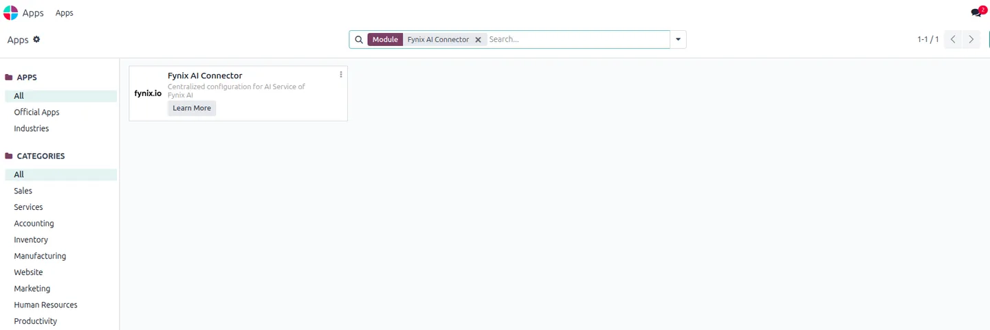 Fynix AI Connector configuration in Odoo general settings