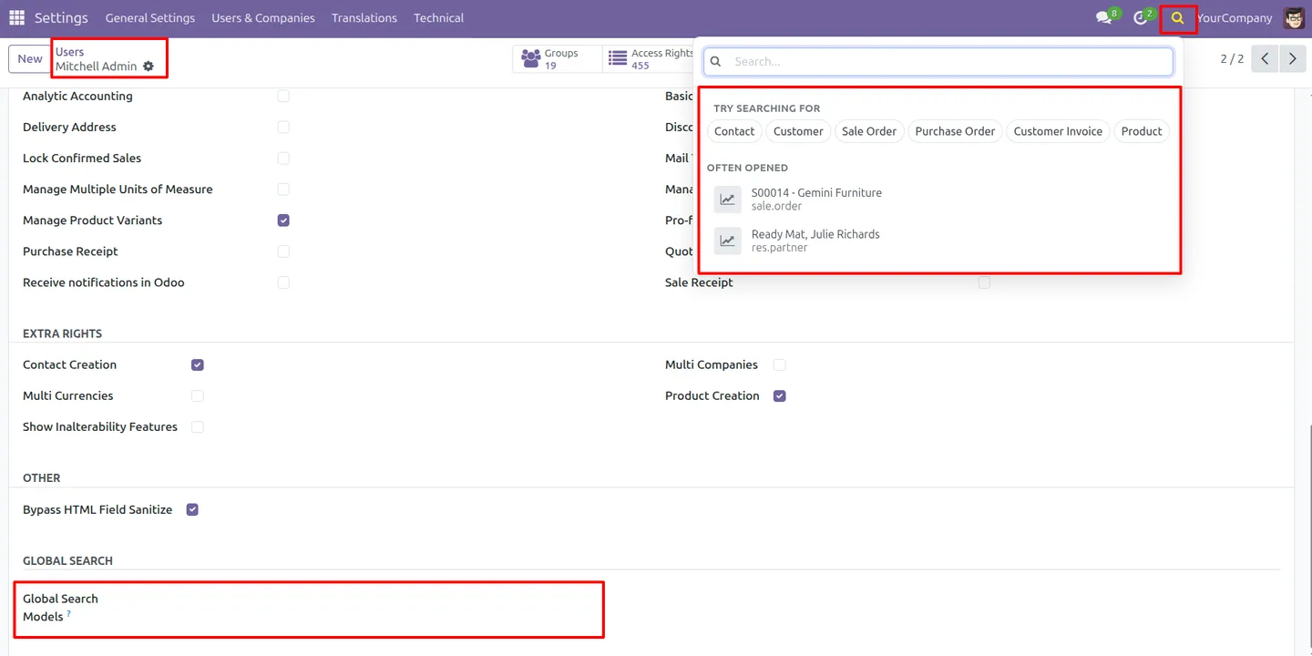Global Search Pro results in Odoo grouped by record type with filters
