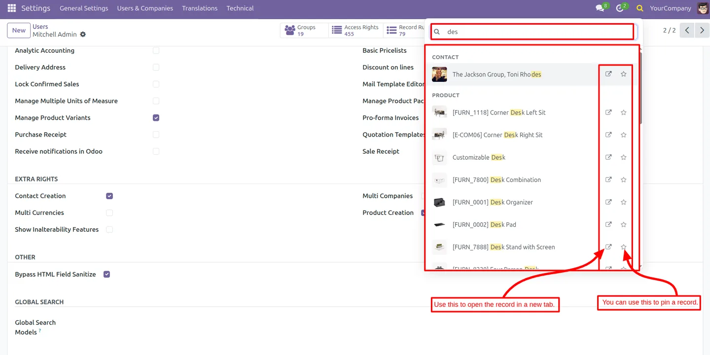 Global Search Pro results with pinned records and quick redirect in Odoo
