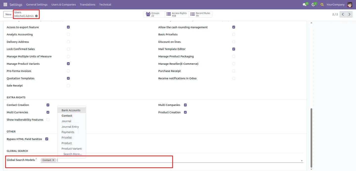 Configuring searchable models for a user on the Odoo user form