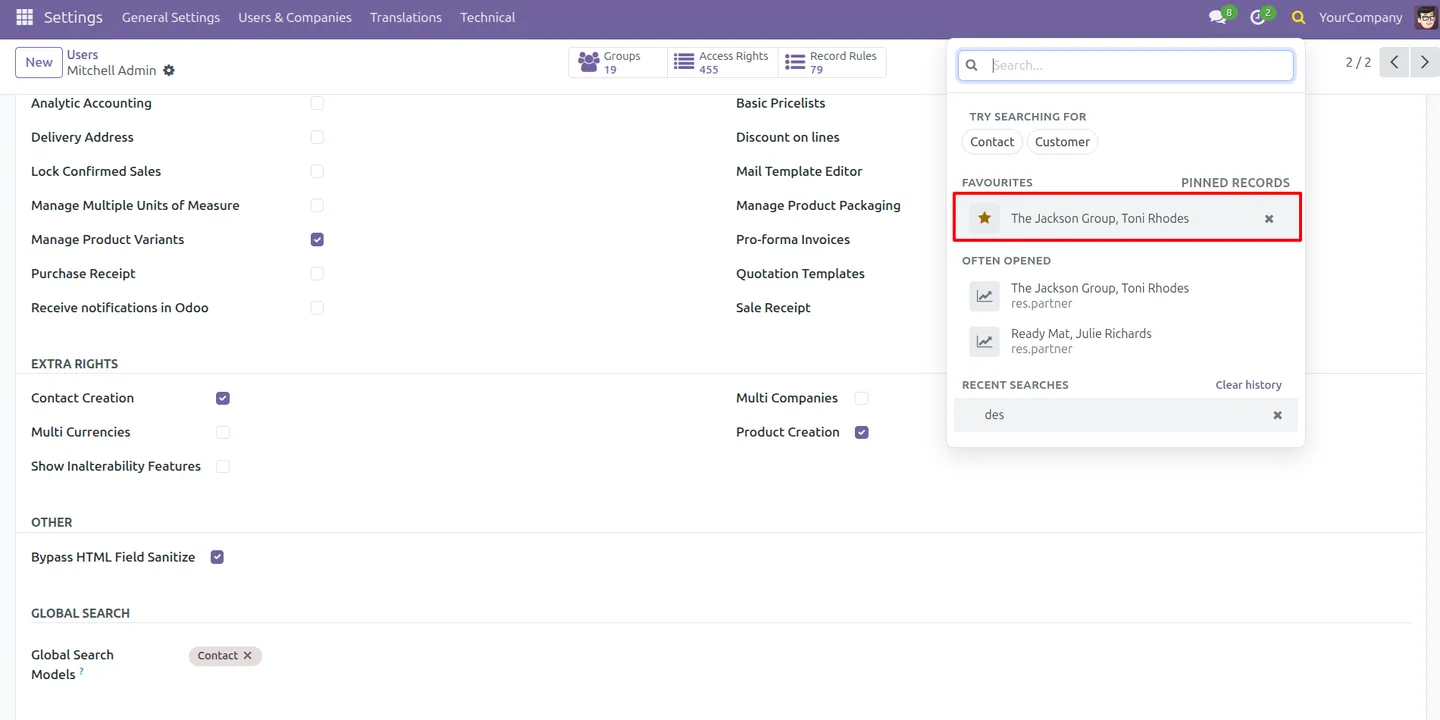 Pinning a frequently used record in Global Search Pro for Odoo
