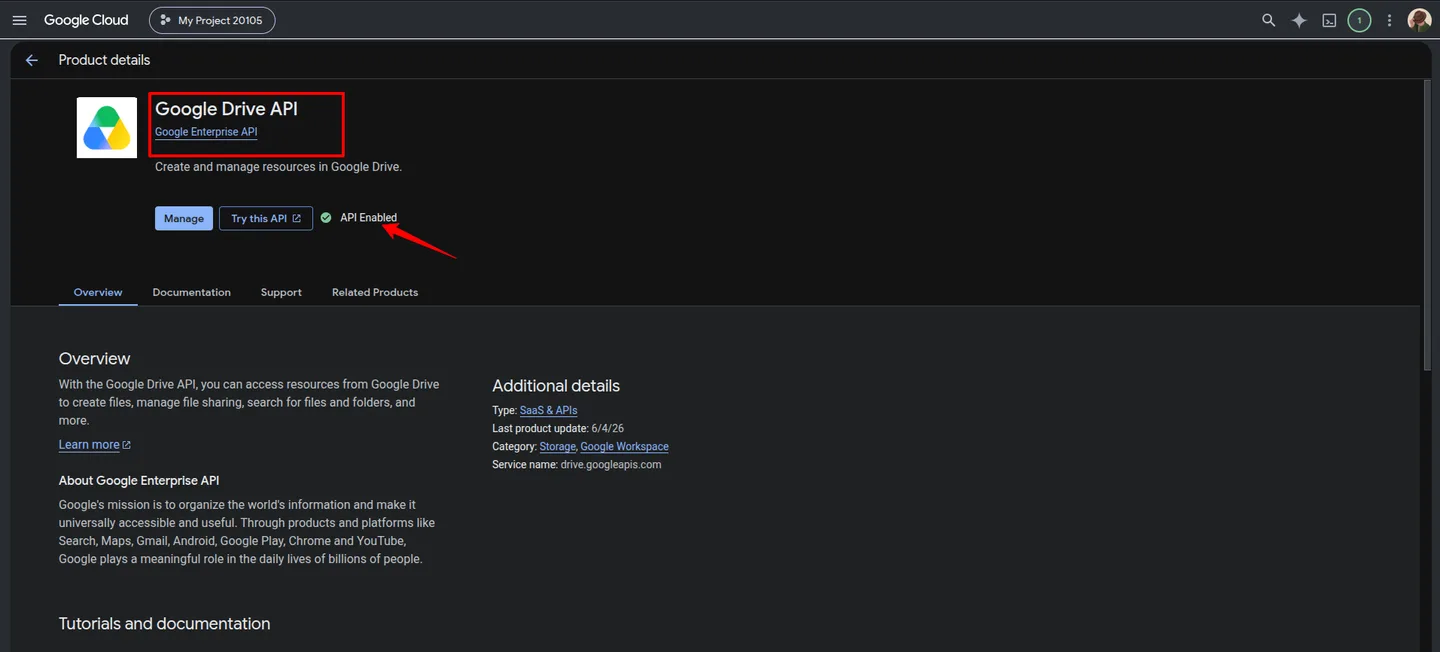 Google Cloud console with the Google Drive API enabled for the Odoo connector